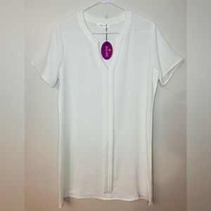 HALIFE White Split V Neck Tunic Blouse Short Sleeve NWT Size Small